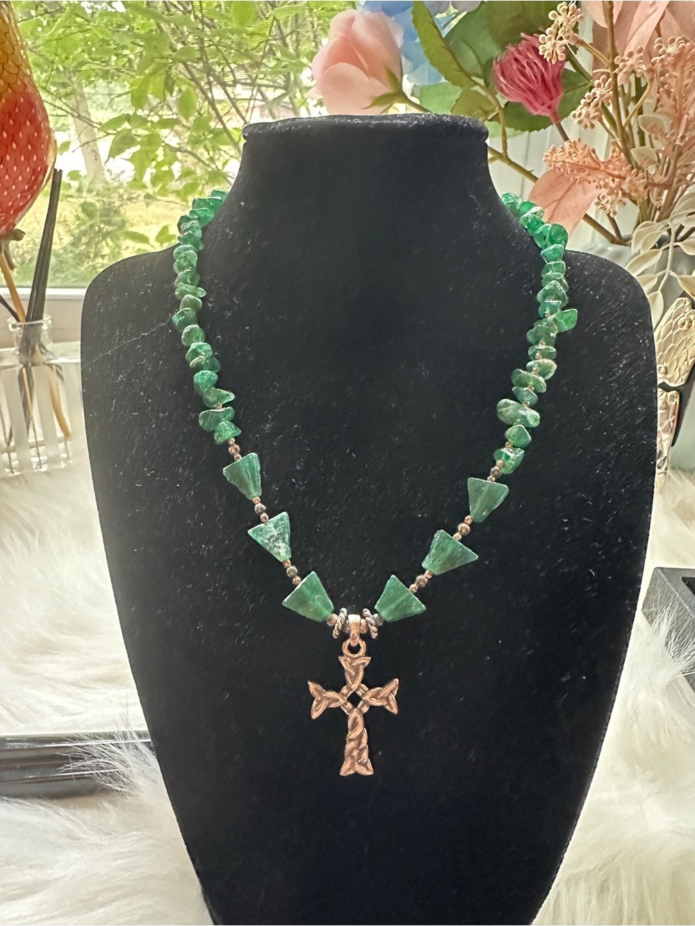 Sterling Silver Celtic Trinity Cross Necklace with Green Beads - Irish Scottish